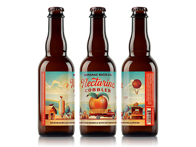 Almanac Beer Co. Nectarine Cobbler Beer Label barn beer clouds dan kuhlken dkng dkng studios farm farmland nathan goldman nectarine packaging truck