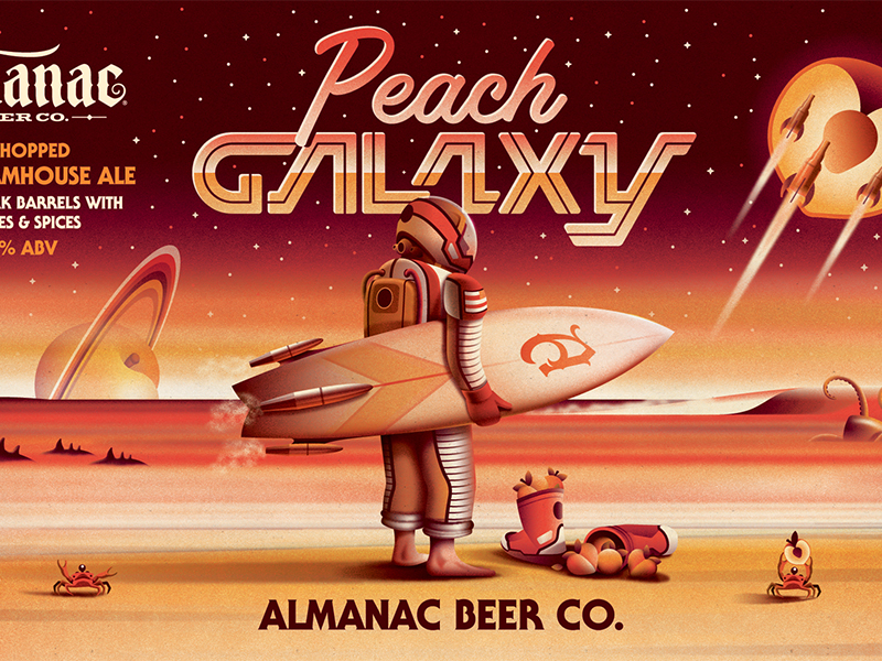 Almanac Beer Co. Peach Galaxy Beer Label (Close Up) dkng studios nathan goldman dan kuhlken saturn beach surfboard packaging beer peach galaxy space dkng