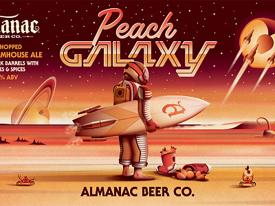 Almanac Beer Co. Peach Galaxy Beer Label (Close Up) beach beer dan kuhlken dkng dkng studios galaxy nathan goldman packaging peach saturn space surfboard