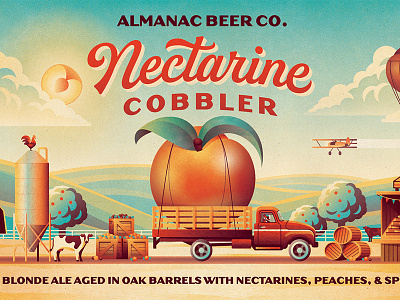 Almanac Beer Co. Nectarine Cobbler Beer Label (Close up) barn beer clouds dan kuhlken dkng dkng studios farm farmland nathan goldman nectarine packaging truck