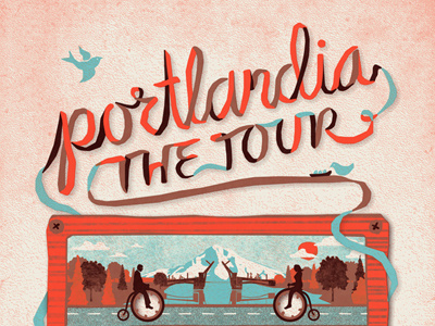 "Portlandia, The Tour" Poster bicycle bike bird dan kuhlken dkng mountain nathan goldman portland portlandia poster screen print silkscreen tape tour