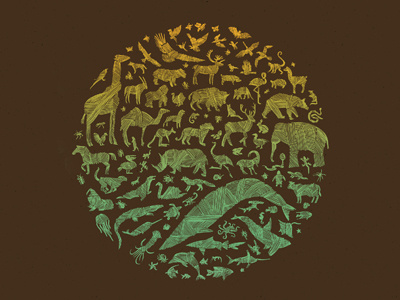 Kingdom (Night) dkng animals circle whale shark elephant deer bird gradient snake wolf gorilla turtle jellyfish horse dolphin lion lizard bug monkey rabbit cow fox dan kuhlken nathan goldman art print poster screen print silkscreen split fountain