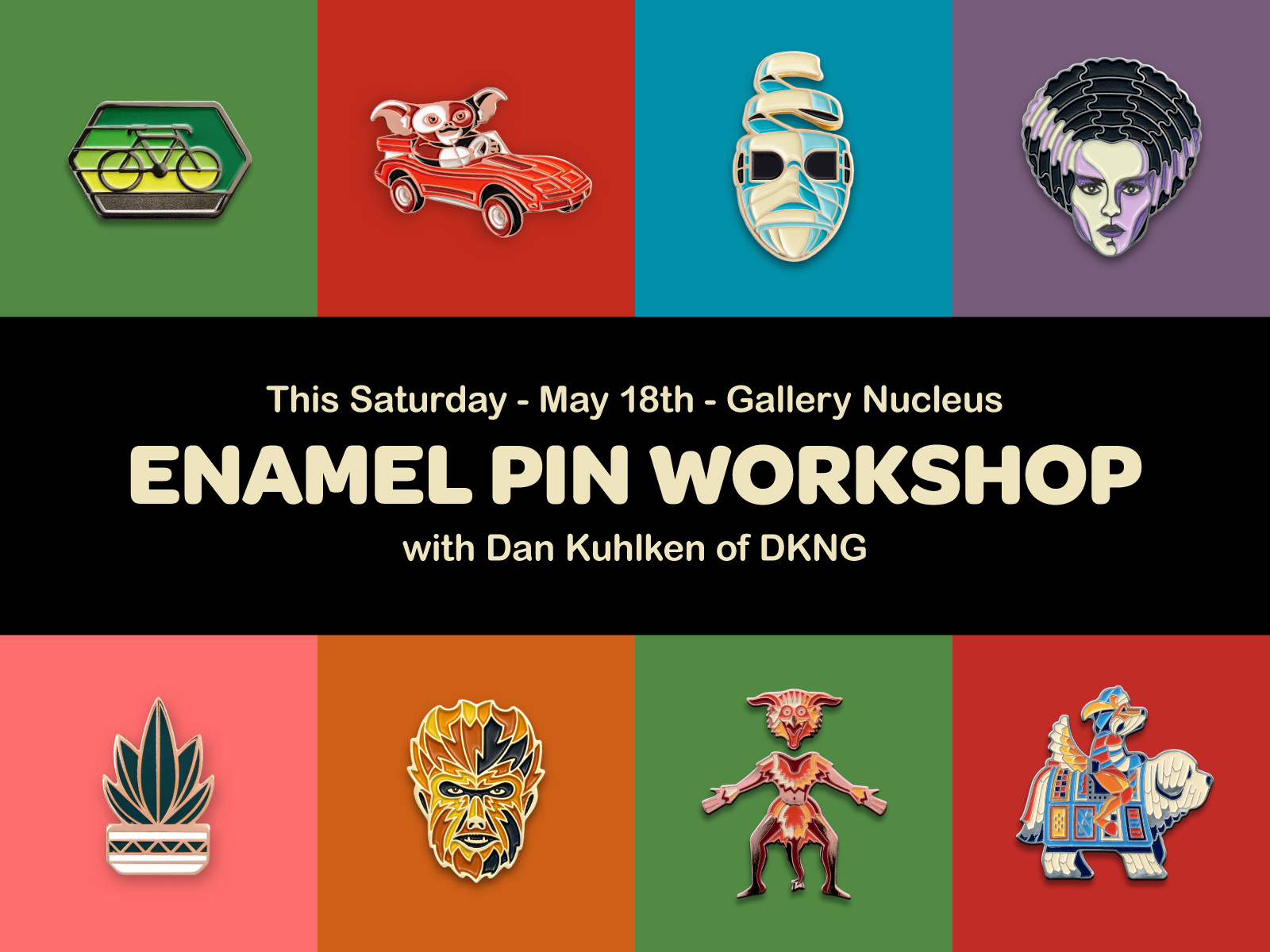 Enamel Pin Workshop w/ DKNG gallery nucleus brooch lapelpin enamel pin illustration icon geometric dkng studios vector dkng nathan goldman dan kuhlken