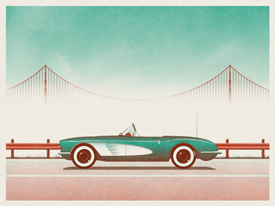 San Francisco Art Print bridge car chevy corvette dan kuhlken dkng golden gate bridge nathan goldman red san francisco screen print silkscreen teal