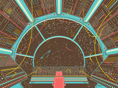 Moog Inspired Art Goes Galactic art print buttons chair cockpit cords dan kuhlken dkng moog moogfest nathan goldman poster print screen print silkscreen space synthesizers wires