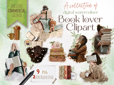 booklover clipart Set • Bookish Illustration •