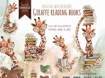 Watercolor cultured giraffe clip art, loves reading and books