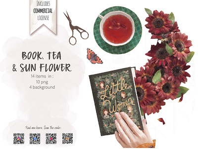 Book, Tea & sun flower clipart, Bookish Illustration bookish illustration graphic design illustration planner stickers watercolor