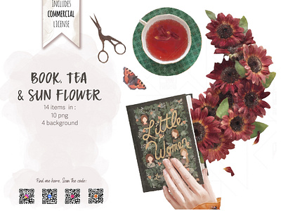 Book, Tea & sun flower clipart, Bookish Illustration