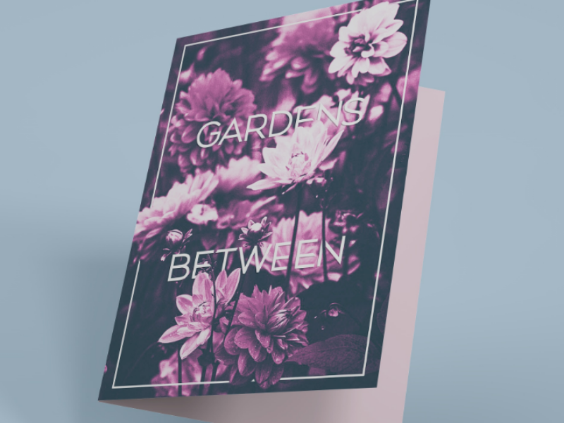 Greeting card concept print polygraphy card mockup violet purple flower greeting card flowers