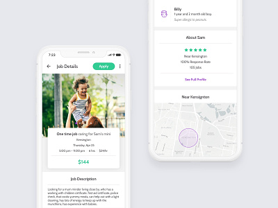 Babysitting App - Job Detail Page app appdesign appdesigner baby babysitting ios job job listing minimal mobile parents playful product design profile profile card profile page ui user experience user interface ux