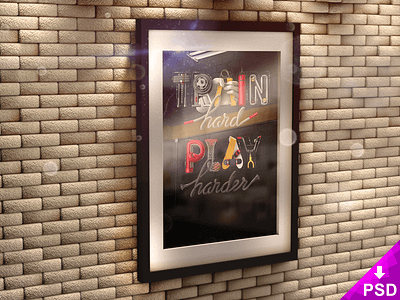 Poster in 3D Frame on Brick Wall Mock-up 3d brick download free freebie mockup new photoshop poster psd realistic wall