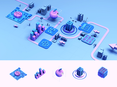 C4D | City and Icon for Internet