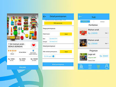 Toys rental & marketplace app - Mini Toys android app design illustration ui