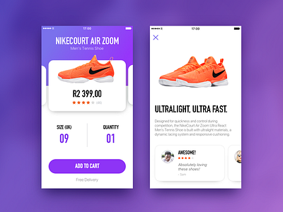 Nike Sneaker App Concept cards ios nike orange purple shoes sneakers tennis ui