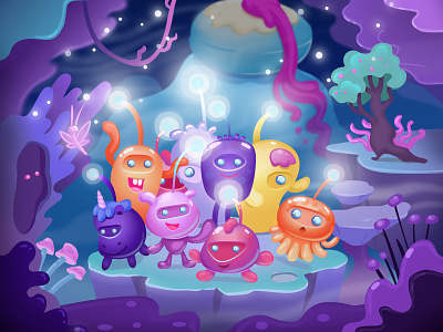 Cute creatures charachter design design game art illustration purple shiney vector