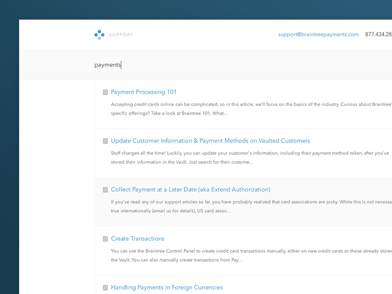 Braintree Support Search braintree web website minimal search support ui clean