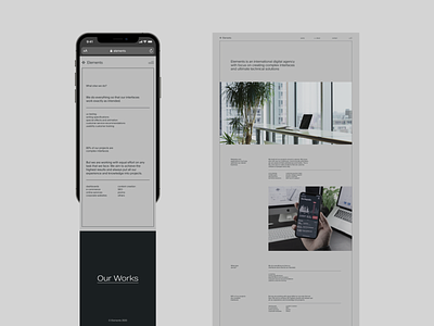 Elements – about, contact branding concept design minimal studio typography ui website