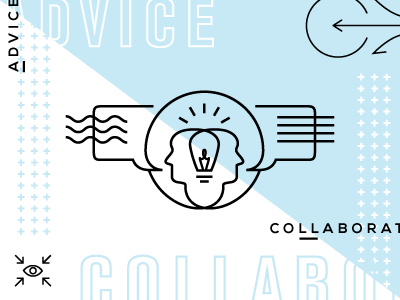 Advice & Collaboration advice bulb collaboration heads intersect light blue lightbulb speech bubbles white