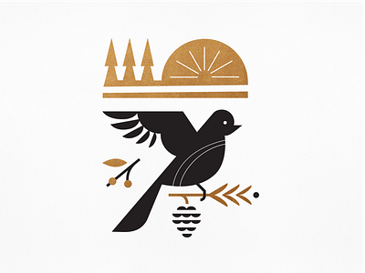 W I N T E R (2 of 4) bird black branch bronze illustration parks pine pinecone poster season silkscreen sun trees winter