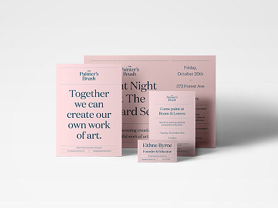 Printed Collateral for The Painter's Brush brand branding design domaine display flyer logo new york paint brush paint night pink stationery