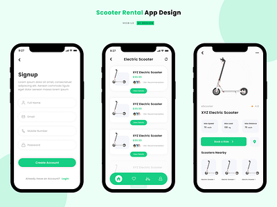 Scooter Rental App Design adobe branding design figma graphic illustration illustrator mobile photoshop portfolio rental scooter ui