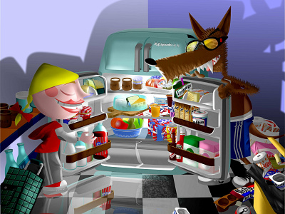 Red hood and the wolf, they share a house and a fridge 3d art cartoon illustration drawing illustration