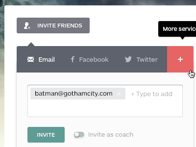 Invite friends add button coach email facebook flat form friend hover icon invite popup remove state switch twitter ui user ux