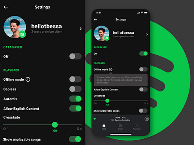 Spotify Settings Page branding clean dailyui dark ui darkmode mobile design music player typography ui ux