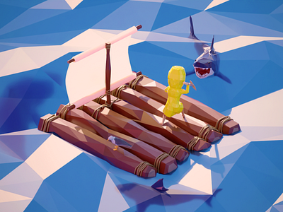 Surrounded 3d blender day isometric lowpoly raft sharks