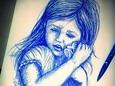 Little Girl animal ballpoint blue cat child cute drawing eesteren girl illustration kid kitten manouk pen realistic sketch sweet van