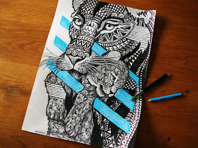 Lioness with cub illustration animal art ballpoint black cub drawing eesteren illustration lioness manouk pencil van
