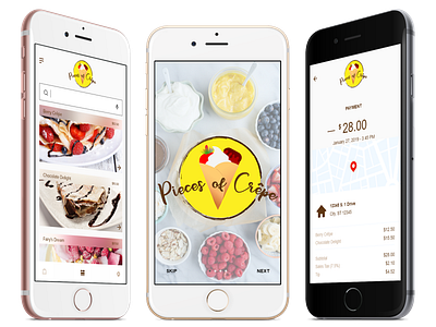 Pieces of Crêpe App adobe xd app app branding app design branding bright crepe design dessert flat food fun ios restaurant ui vector