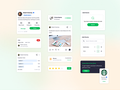 Cards UI- Light theme design atomic design cards cards ui components design design system dialog fintech light minimal mobile ui modals popup profile ui ui cards ui elements widget