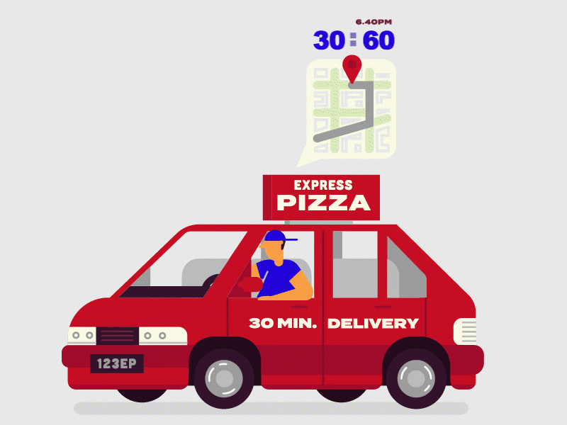 EXPRESS PIZZA animation car delivery design flat icon illustration map minimal time transport vector