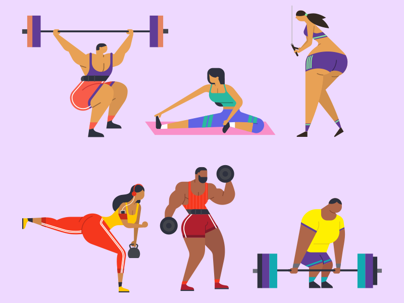 Shapes of workout SET stretching fitness sport bodybuilding trainer design training protein diet vector personal gym fit deadlift minimal illustration flat
