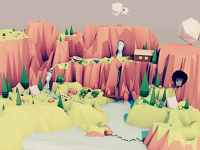 Mountain River fire camp landscape low poly low poly mountain river rafting valley