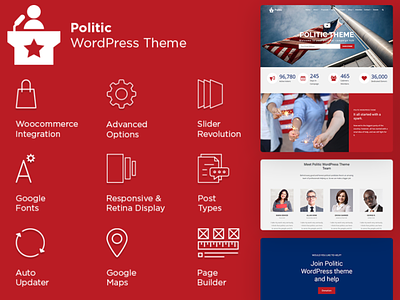 Politic WordPress Theme Candidate Website Builder design governamental landing page party pattern photoshop plugins politic political political campaign political cartoon political logo portfolio print responsive site builder slider template theme wordpress