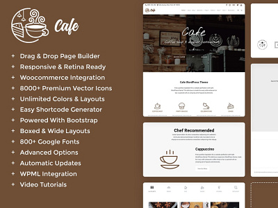 Cafe WordPress Theme - Features cafe cafe branding cafeteria caffeine design food food and drink illustration logo plugins responsive restaurant site builder template theme web design wordpress wordpress blog wordpress design wordpress theme