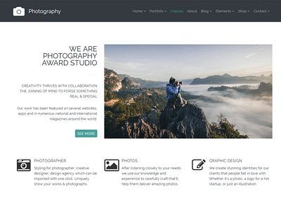 Classes - Photography WordPress Theme design gallery graphic design illustration images logo photo gallery photography photos grid plugins responsive site builder template theme web design wordpress