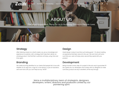 About Page - Zenith WordPress Theme bootstrap css darg drop design html icons illustration logo php plugins responsive section site builder template templates theme web design web development widgets wordpress