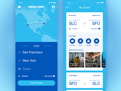 Pan Am App Concept: Home & My Tickets Screens airline app brand ios mobile pan am planes tickets travel ui ux visual design