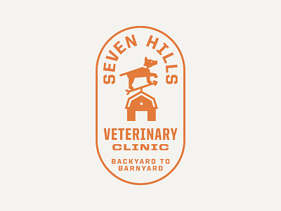 Seven Hills Veterinary Clinic Logo: Vertical backyard barn barnyard dog logo orange tagline weathervane