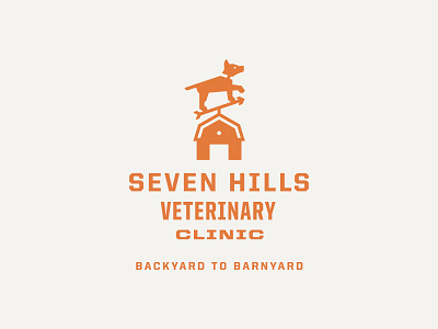 Seven Hills Veterinary Clinic Logo: Horizontal backyard barn barnyard dog logo orange tagline weathervane