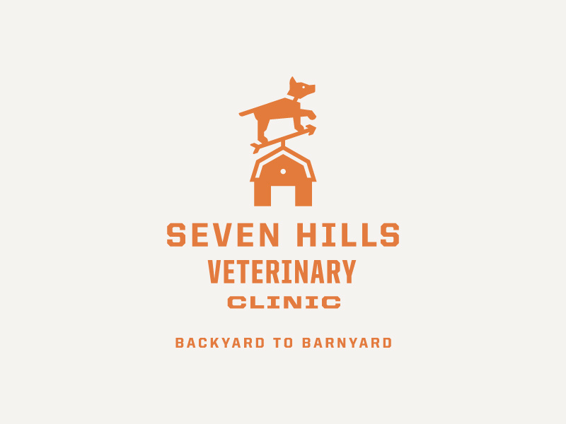 Seven Hills Veterinary Clinic Logo: Horizontal tagline barnyard backyard barn orange weathervane dog logo