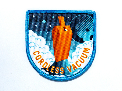 Space Badge: Cordless Vacuum blue dustbin embroidered embroidery lift off moon orange space