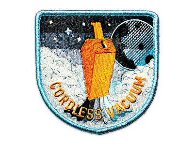 Space Badge Embroidery: Cordless Vacuum blue clouds dust buster liftoff moon orange patch space stars
