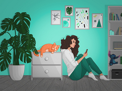 Relaxing at Home 2d art cat character design girl illustration interior living room plant room stayhome