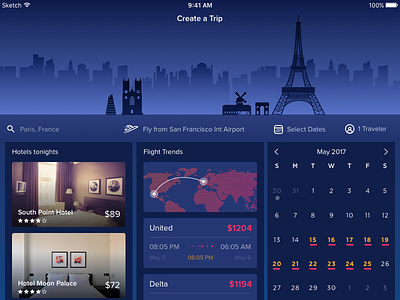 Trips App - Create a Trip booking flight hangout menu mobile paris party slider travel trip ui