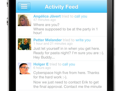 How Skype for iPhone should look! Activity feed... app apple blue bright buttons design holger hyperisland interface ios iphone mobile skype ui user experience user interface ux